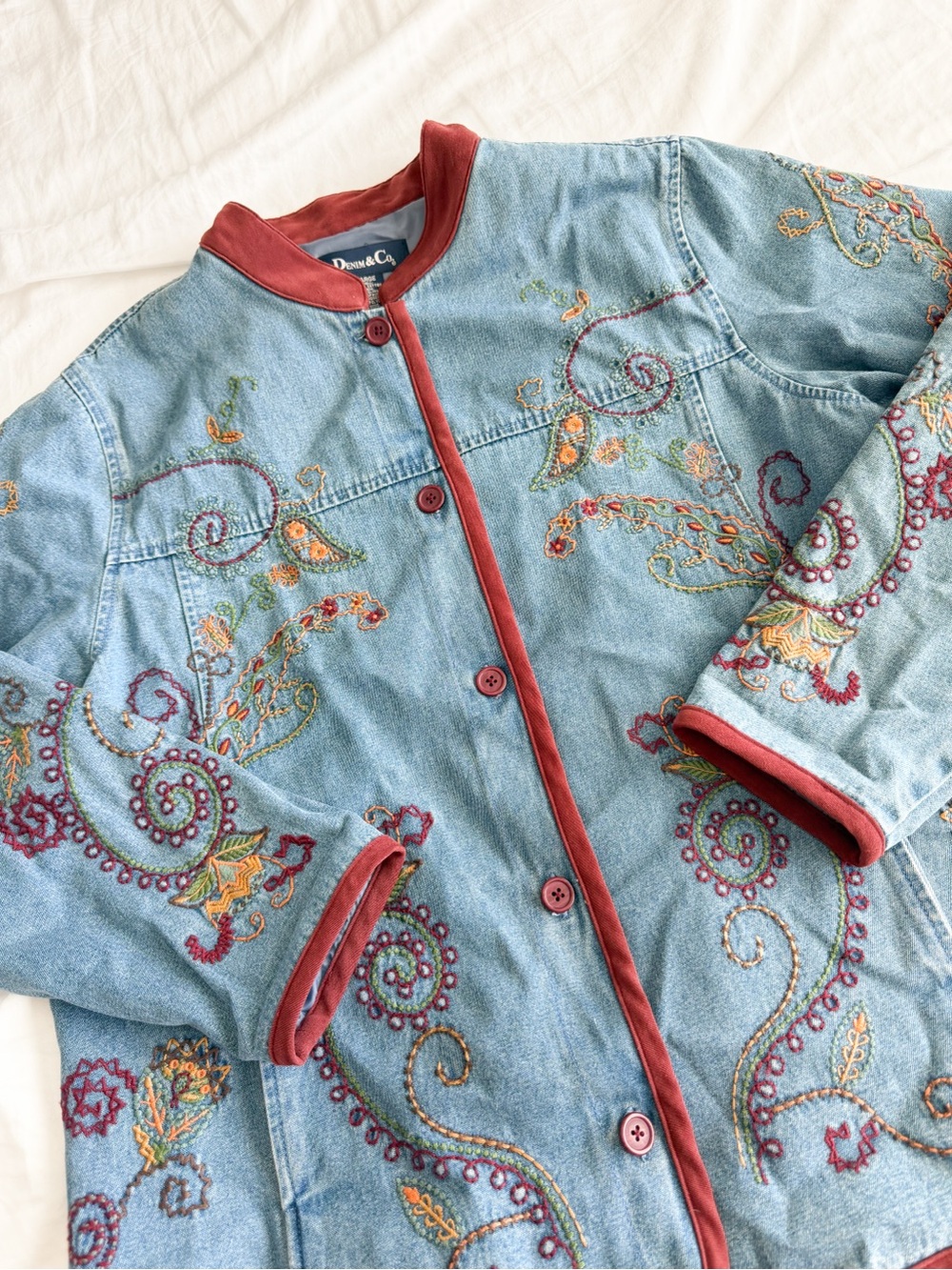 Vintage Denim Paisley Embroidered Jacket with Rust Trim